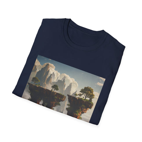 Charcoal cotton crew neck T-shirt with surreal landscapes evokes imaginative journeys