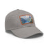 Vibrant Swiss Alps watercolor baseball cap with white/light brown patch.
