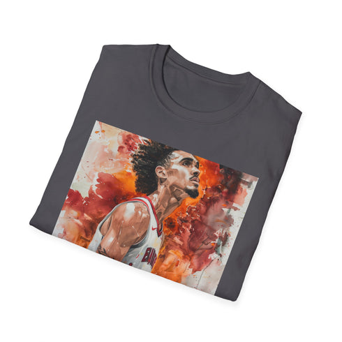 Charcoal DTG T-shirt featuring watercolor portrait of Trae Young in action
