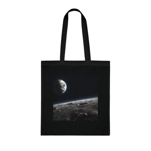 Earthrise Tote Bag in Black Cotton, featuring Earth from space.