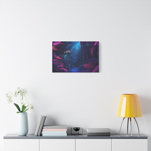 Neon Lit Jungle with Glowing Fauna — Canvas Wall Art — Kiln-Dried Pine Frame & Ready-to-Hang Back View