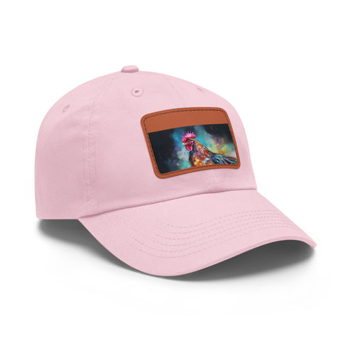 White cotton Rooster chicken baseball hat with light brown patch.