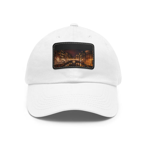 Midnight Reflections Amsterdam Canals cotton unisex baseball hat, white/light brown patch