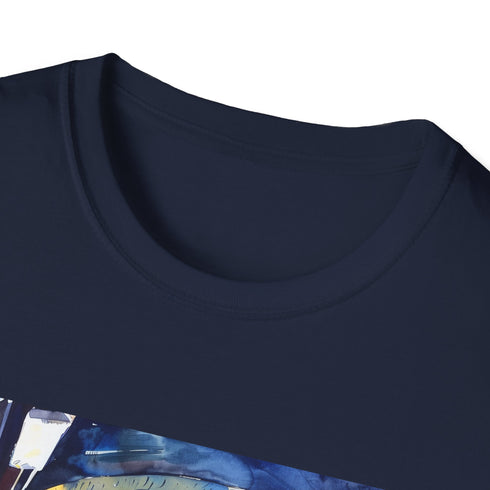 Charcoal cotton t-shirt featuring vibrant watercolor London Tube station design