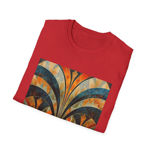 Soft charcoal cotton t-shirt with vibrant art deco patterns and geometric shapes