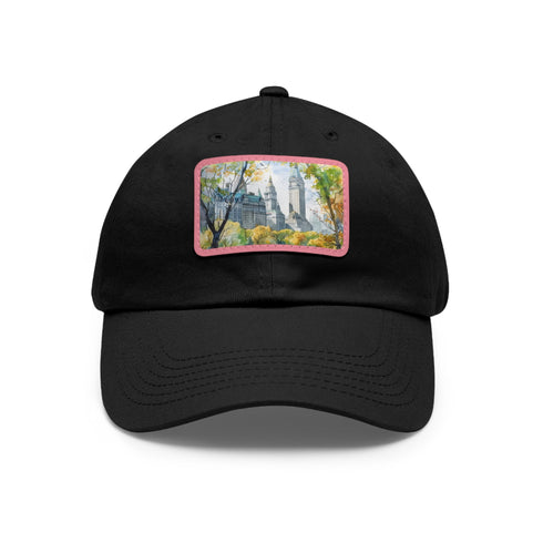 Central Park watercolor baseball cap with landmarks and lush greenery design