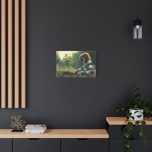 A Robot Child Planting a Real Tree Stretched Canvas Wall Art