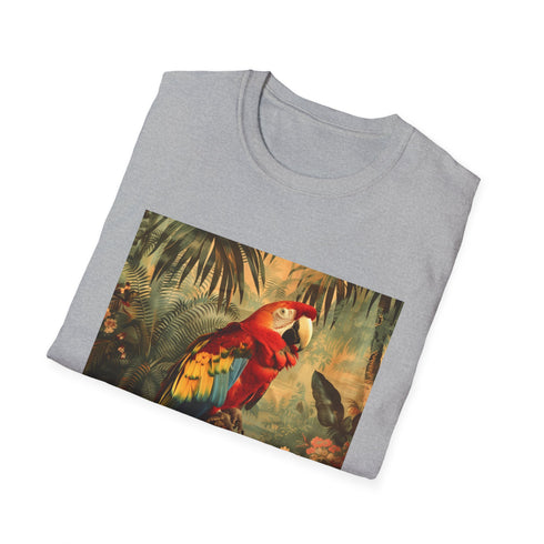 Vibrant charcoal t-shirt with tropical parrot print in soft breathable cotton