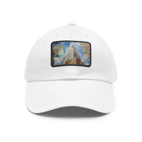 Chrysler Building skyline watercolor hat in white with light brown patch.