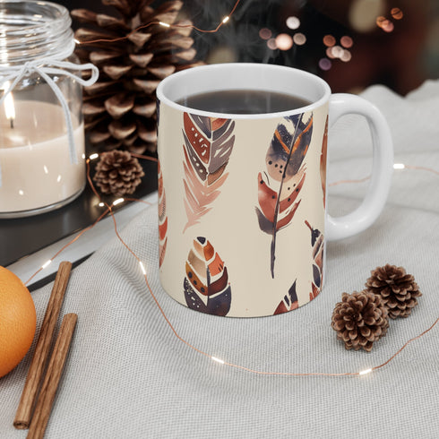 Boho feathers ceramic coffee mug in 11 oz size.