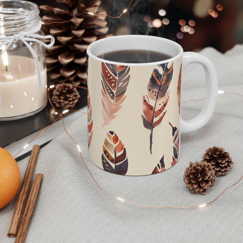 Boho Feathers coffee mug with delicate feather pattern, 11oz ceramic.