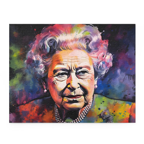 Neon watercolor Queen puzzle merges vibrant colors and royal portrait.