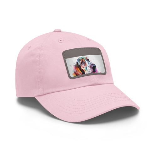 Stylish white cotton baseball cap with basset hound patch.