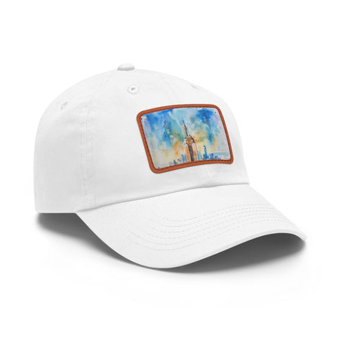 Empire State Skyline Watercolor Hat - White/Light Brown Rectangle Unisex Vegan Cotton
