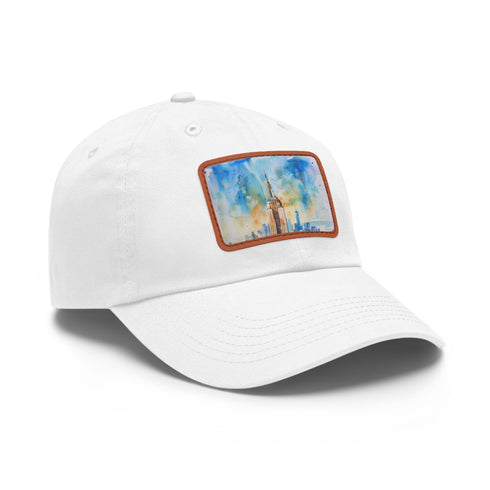 Empire State Building watercolor cap in white with light brown patch.