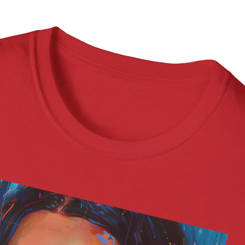Charcoal DTG T-shirt featuring painting of Kendall Jenner in vibrant colors