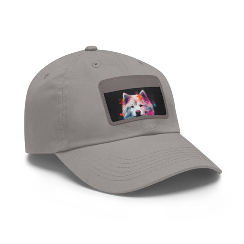 White baseball cap with light brown patch featuring fluffy samoyed design.