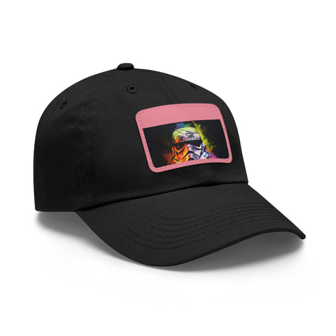 Neon watercolor Storm Trooper baseball cap in white with light brown patch.