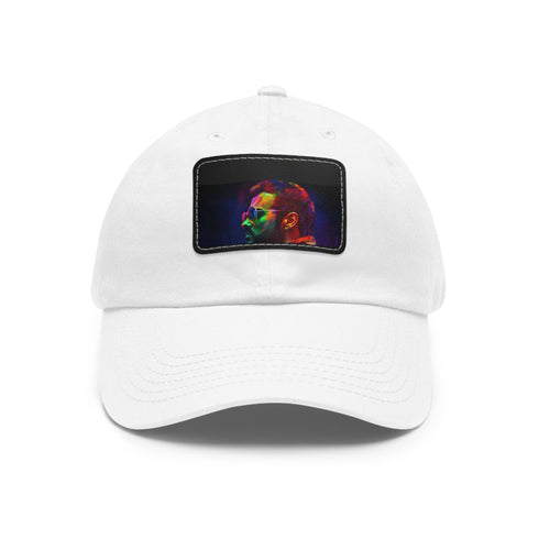 George Michael neon watercolor baseball cap, white with light brown patch.