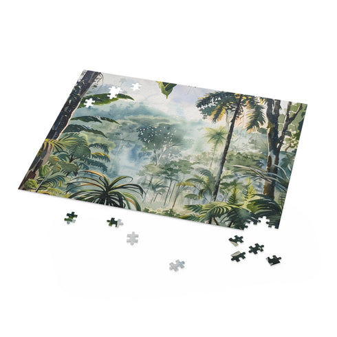 Vibrant rainforest watercolor puzzle with lush greenery and exotic wildlife.