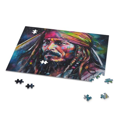 Vibrant neon Jack Sparrow jigsaw puzzle, perfect for pirate fans.