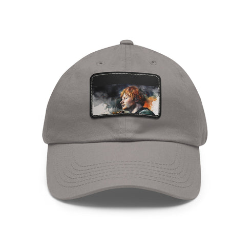 Ed Sheeran watercolor splatter baseball cap in white with light brown patch.