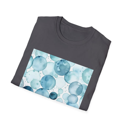 Cotton charcoal T-shirt with ice blue watercolor eyes repeating pattern