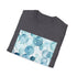 Cotton charcoal T-shirt with ice blue watercolor eyes repeating pattern