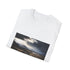 Charcoal cotton crew neck T-shirt with Iceland-inspired vibrant landscape design