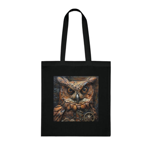Mechanical Owl Tote Bag in Black Cotton with Steampunk Gears