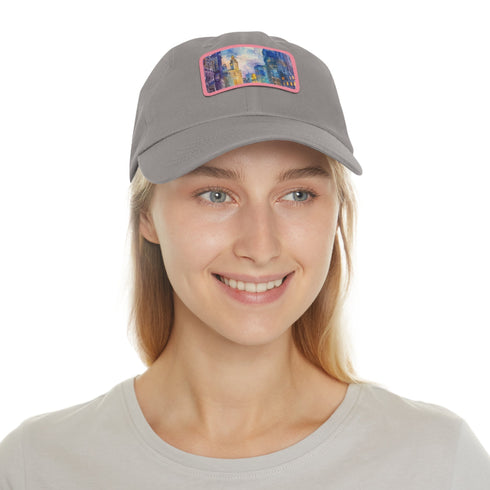 Chicago skyline watercolor cap in white with light brown rectangle patch.