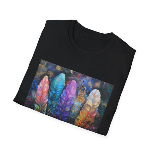 Charcoal cotton t-shirt with vibrant bohemian feather pattern and crew neck