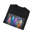 Charcoal cotton t-shirt with vibrant bohemian feather pattern and crew neck