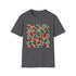 Charcoal crew neck T-shirt with grunge leaf pattern and autumnal warm hues