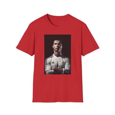 Charcoal crew neck tee with Ronaldo graphic in action for summer wear