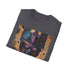 Charcoal cotton crew neck T-shirt featuring vibrant Galactus cosmic painting