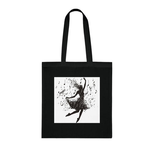 Elegant black cotton tote bag with graceful dancer and musical notes.