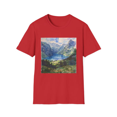Charcoal cotton T-shirt with vibrant watercolor Swiss Alps design