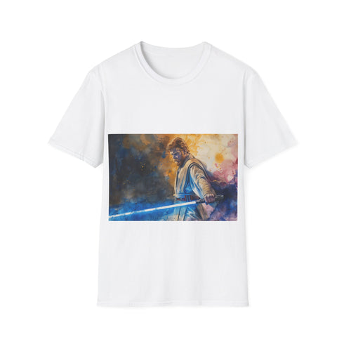 Blue lightsaber tee, cotton crew neck, Obi-Wan Kenobi design, summer pick.