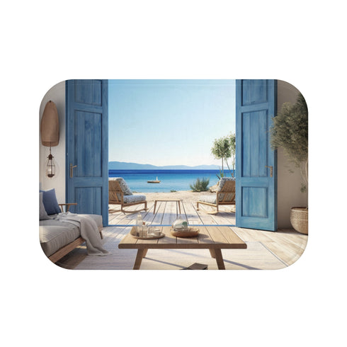 Mediterranean Breeze Bath Mat with Rustic Seaside Villa Design