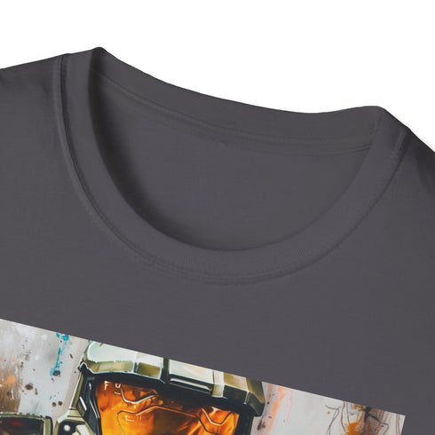Charcoal Spartan Chief T-shirt with vibrant painting of iconic gaming character.