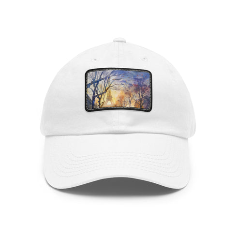 Eiffel Tower watercolor baseball cap with light brown rectangle patch.