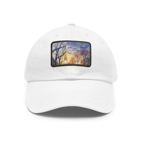 Eiffel Tower Dreamscape baseball cap with watercolor design, white/light brown.