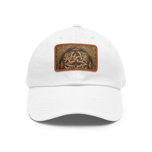 Stylish white cotton Celtic Knot baseball cap with light brown patch.