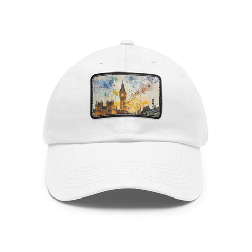 London Skyline Watercolor Baseball Cap in White with Light Brown Patch