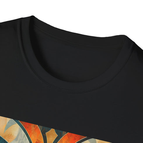 Charcoal cotton T-shirt with abstract art deco patterns and crew neck
