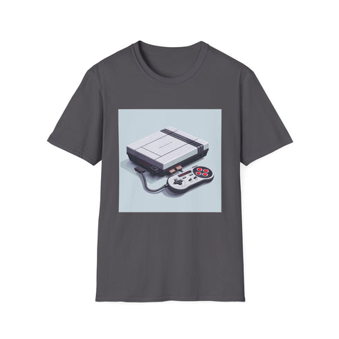 Retro gaming t-shirt in charcoal, featuring pixel art game console design.
