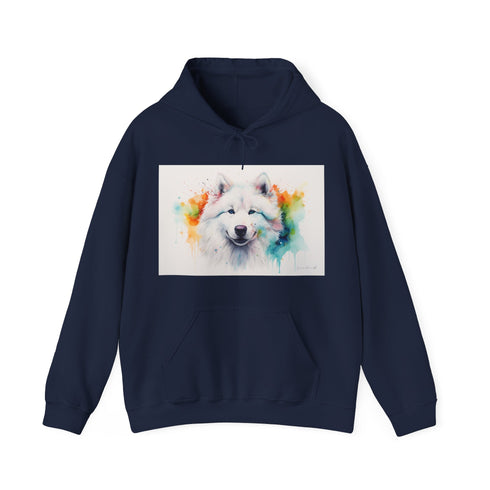 Smiling Samoyed Watercolor Hoodie in Navy, Regular Fit Unisex Sweater