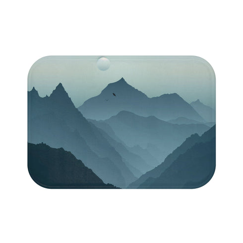 Minimalist mountain bath mat with serene landscape of majestic peaks.