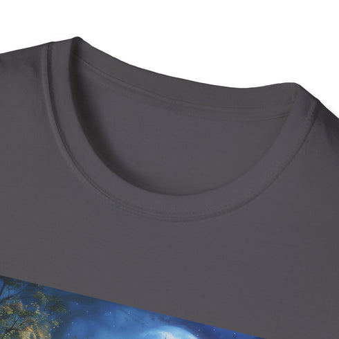 Charcoal crew neck cotton t-shirt with moonlit forest castle graphic
